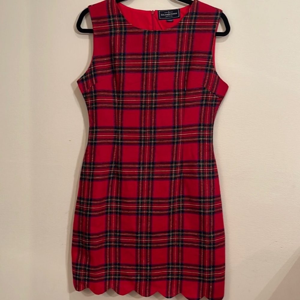 Kiel James Patrick KJP red Plaid Scalloped Hem Shift Christmas Wrapper Dress 6 - Picture 3 of 4